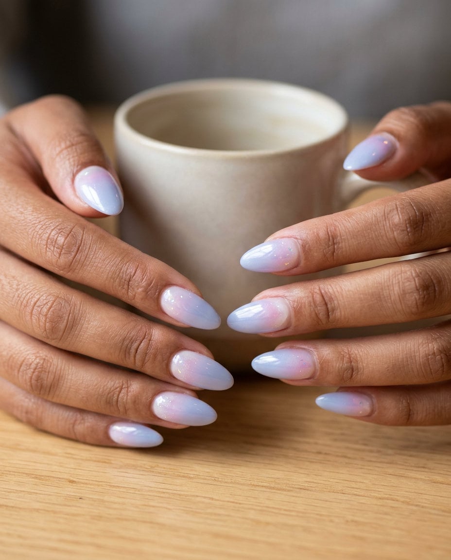 Medium Almond Pale Blue Pink Gold Flake Nails — Classy Aura Nails