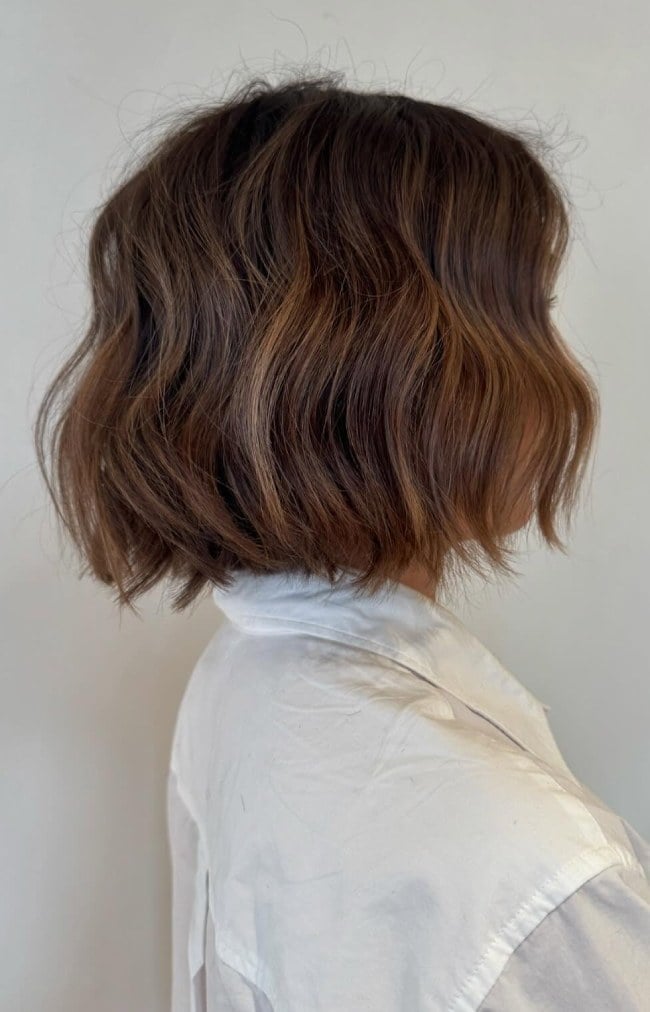 Chin Wavy Bob Textured Ends Chestnut — Classy Balayage Bob