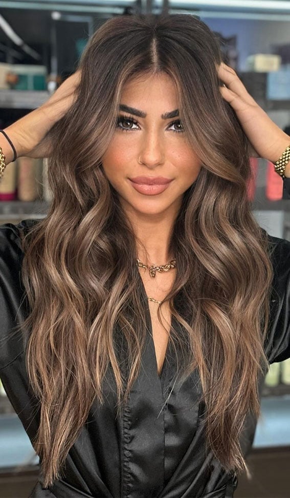 Dark Brown Mid-Back With Curtain Bangs Dark Brown Mid-Back With Curtain Bangs — Classy Balayage Highlights