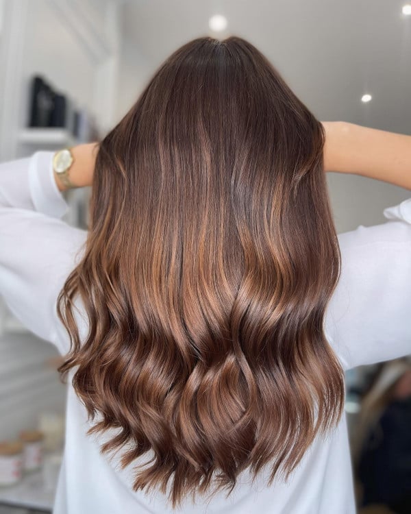 Dark Brown Mid-Back With Chestnut Balayage, Layers Dark Brown Mid-Back With Chestnut Balayage, Layers — Classy Balayage Highlights