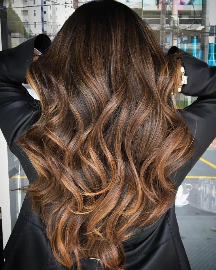Dark Brown Mid-Back With Copper Balayage and Loose Waves Dark Brown Mid-Back With Copper Balayage and Loose Waves — Classy Balayage Highlights