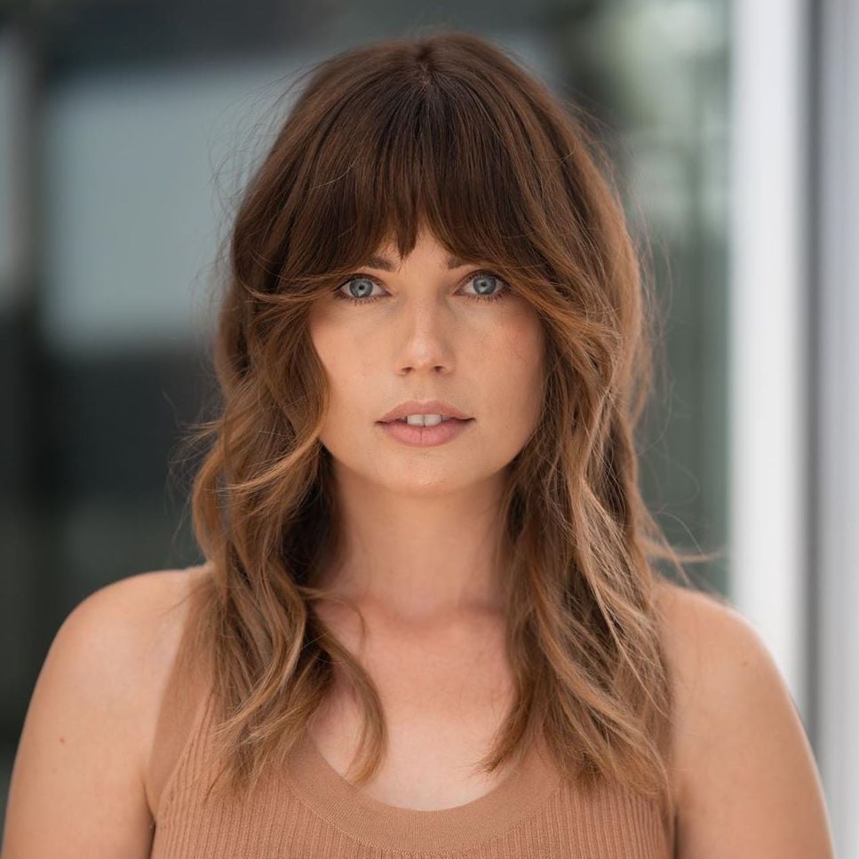 Collarbone Shag With Wispy Face-Framing Bangs, Wavy Collarbone Shag With Wispy Face-Framing Bangs, Wavy — Classy Bangs for Round Face