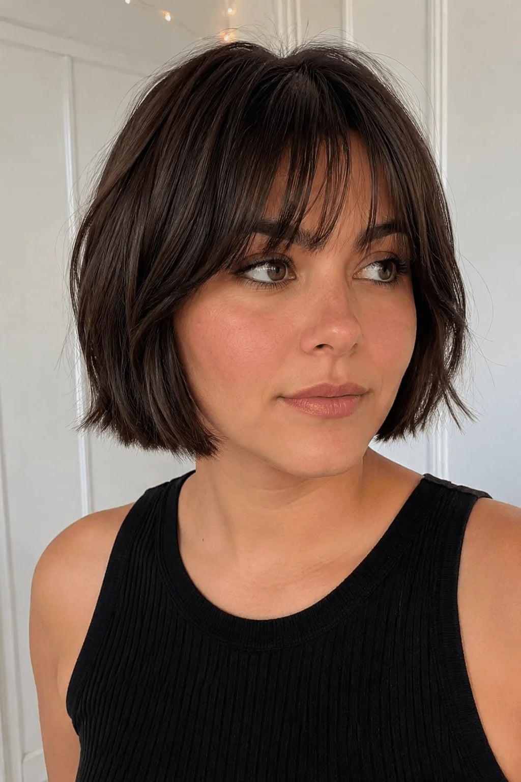 Chin Length Bob With Blunt Bangs, Dark Brown Chin Length Bob With Blunt Bangs, Dark Brown — Classy Bangs for Round Face