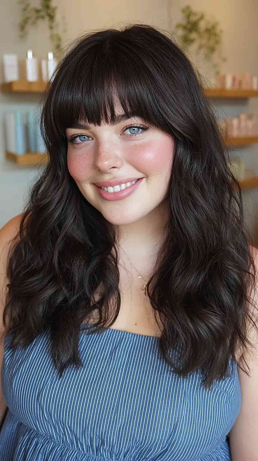 Mid-Back Wavy Hair With Full Bangs Mid-Back Wavy Hair With Full Bangs — Classy Bangs for Round Face