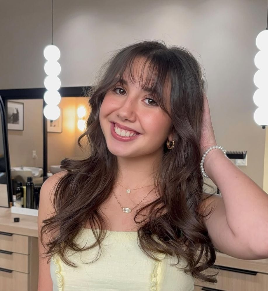 Long Dark Brown Hair With Soft Curtain Bangs Long Dark Brown Hair With Soft Curtain Bangs — Classy Bangs for Round Face