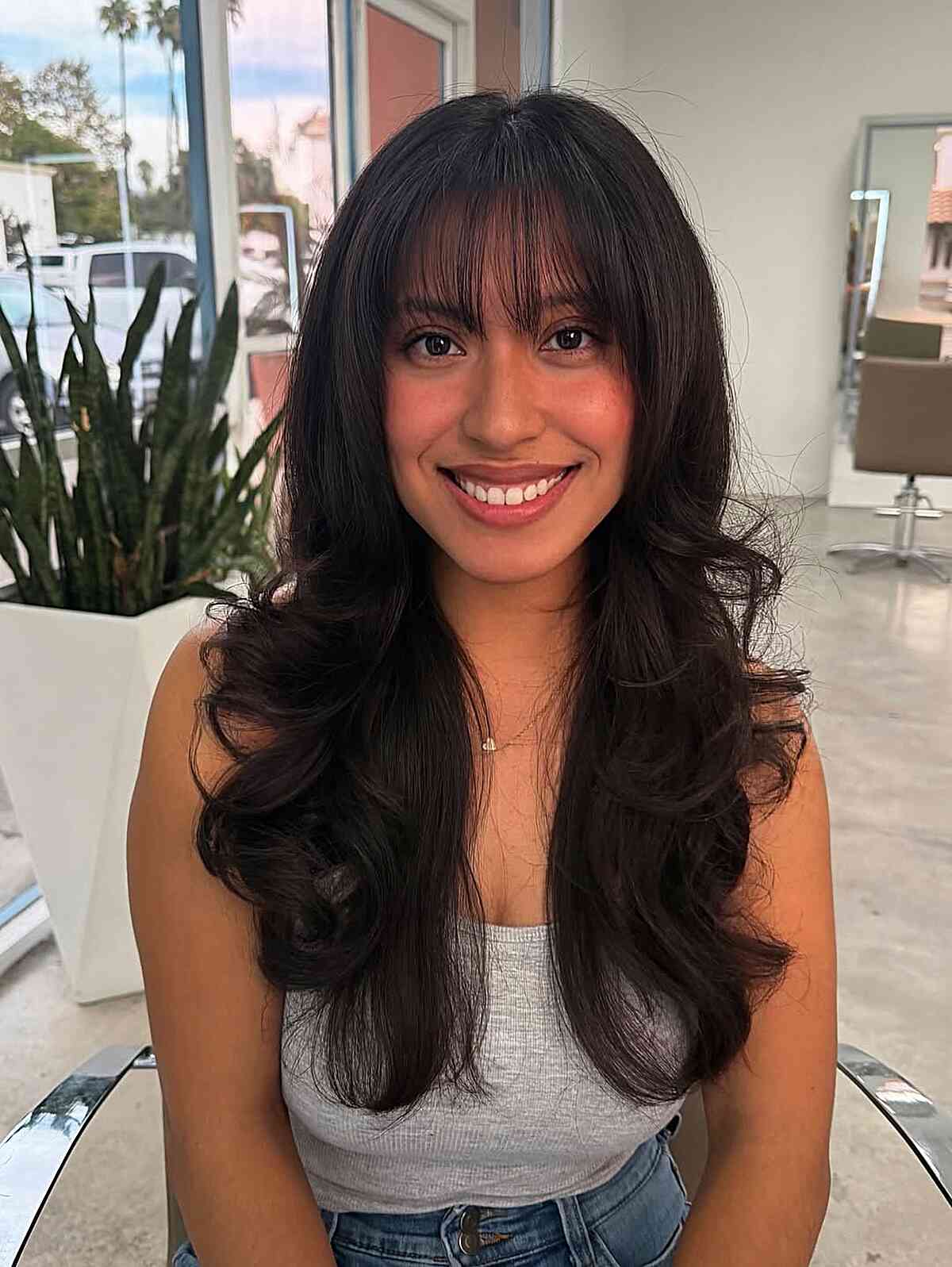 Long Layers With Face-Framing Curtain Bangs Long Layers With Face-Framing Curtain Bangs — Classy Bangs for Round Face