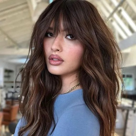 Mid-Back Waves With Wispy Bangs Mid-Back Waves With Wispy Bangs — Classy Bangs for Round Face