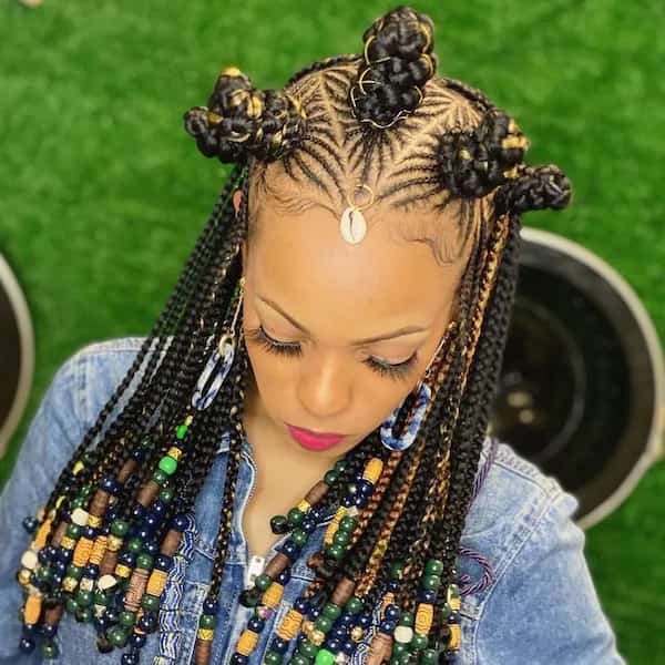 Braids Styled into Bantu Knots with Beads and Denim, Close-Up Take Braids Styled into Bantu Knots with Beads and Denim, Close-Up Take — Classy Bantu Knots