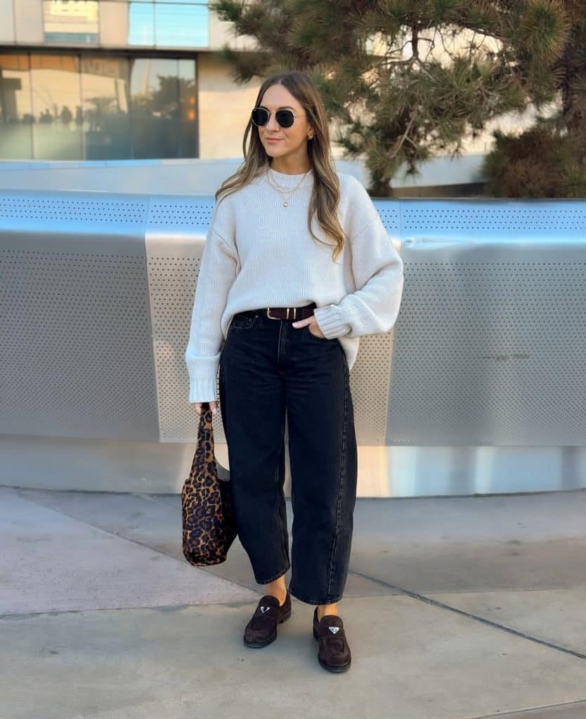 Black Barrel Leg Jeans With Cream Knit Sweater — Classy Barrel Jeans Outfits