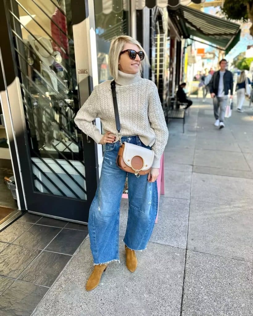 Light Wash Barrel Jeans With Beige Blazer And White, Everyday Version — Classy Barrel Jeans Outfits