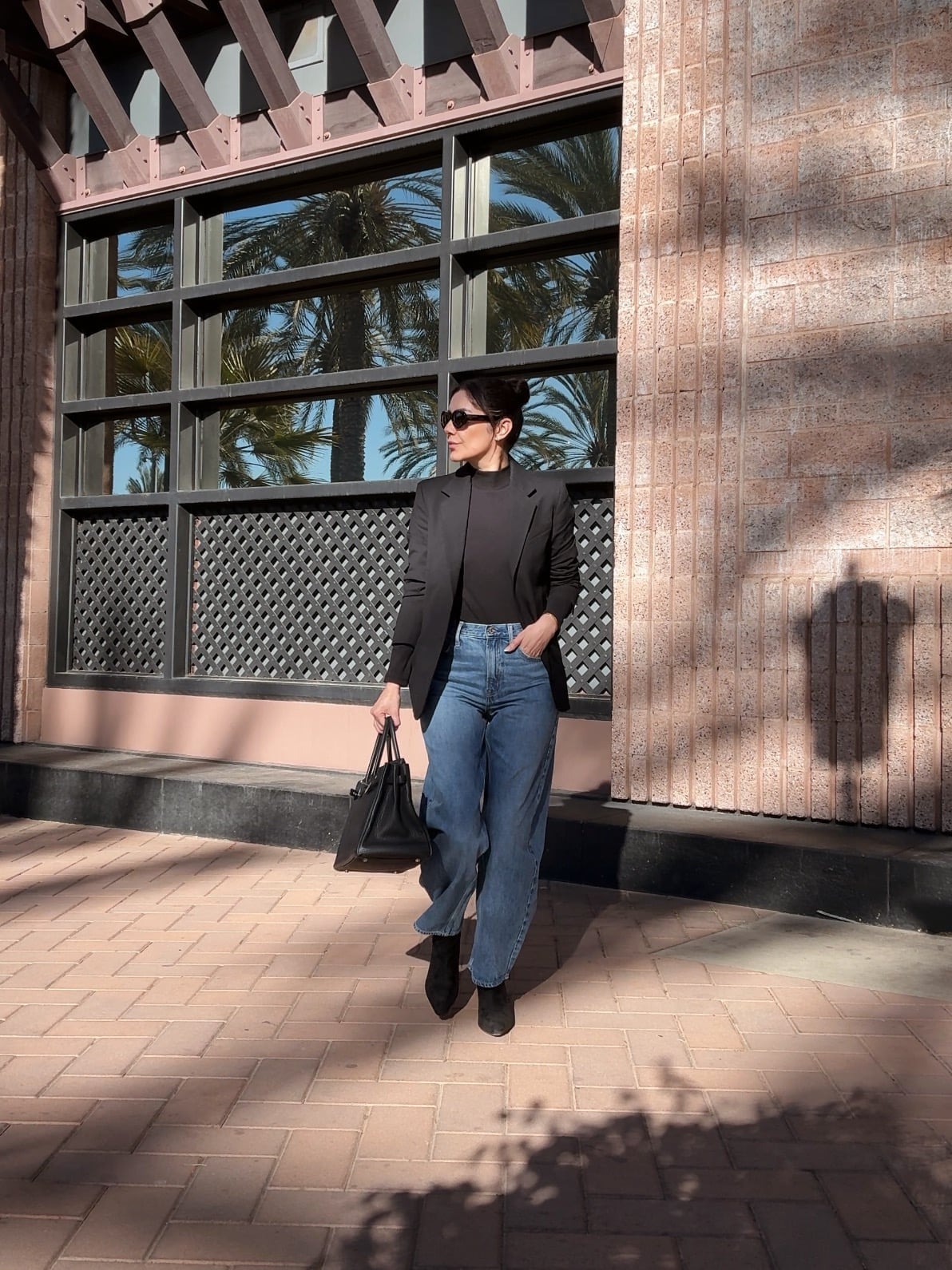 Blue Barrel Leg Jeans With Black Turtleneck And Blazer, Denim — Classy Barrel Jeans Outfits
