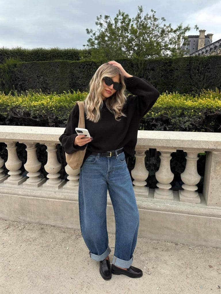 Medium Wash Oversized Barrel Jeans With Black Sweater — Classy Barrel Jeans Outfits