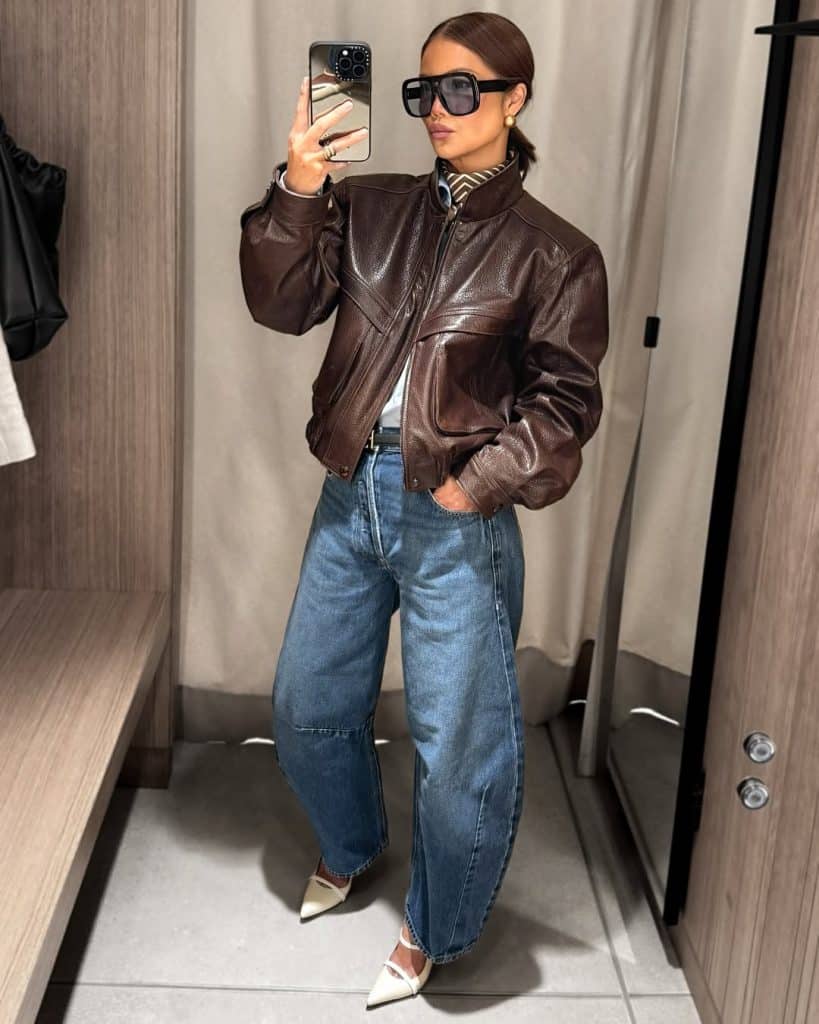 Light Wash Barrel Jeans With White Tee And Brown Leather Bomber — Classy Barrel Jeans Outfits