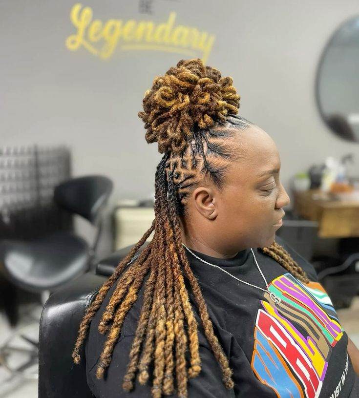 Mid-Back Brown And Blonde Barrel Locs Updo Mid-Back Brown And Blonde Barrel Locs Updo — Classy Barrel Locs