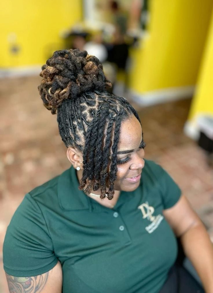 Mid-Back Dark Brown Barrel Locs Updo With Braids Mid-Back Dark Brown Barrel Locs Updo With Braids — Classy Barrel Locs