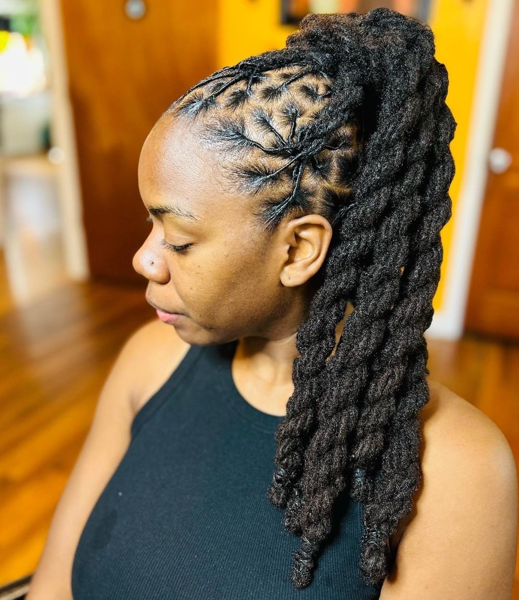 Mid-Back Black Barrel Locs High Ponytail With Braids Mid-Back Black Barrel Locs High Ponytail With Braids — Classy Barrel Locs