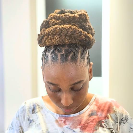 Dark Brown Coily Barrel Locs Updo Grid Pattern Dark Brown Coily Barrel Locs Updo Grid Pattern — Classy Barrel Locs