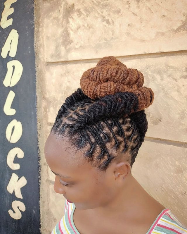 Mid-Back Black And Brown Stacked Barrel Twists Updo Mid-Back Black And Brown Stacked Barrel Twists Updo — Classy Barrel Locs