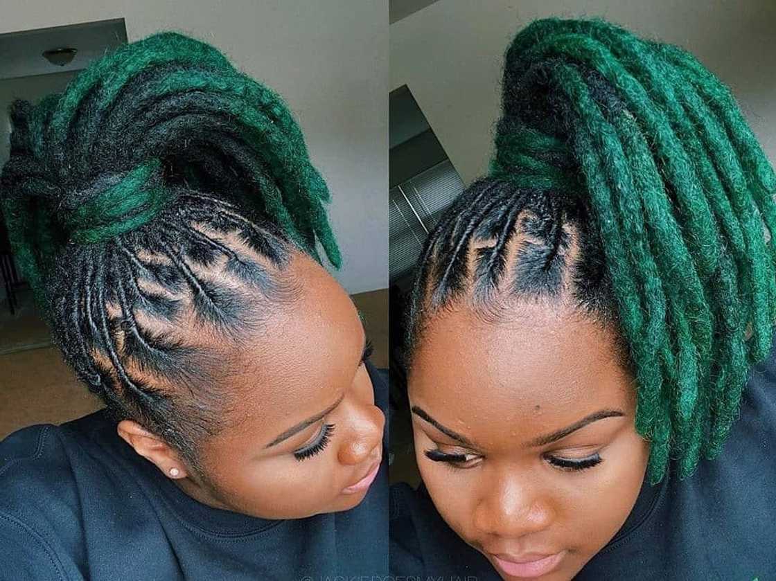 Mid-Back Black And Green Locs High Ponytail, Close-Up Take Mid-Back Black And Green Locs High Ponytail, Close-Up Take — Classy Barrel Locs
