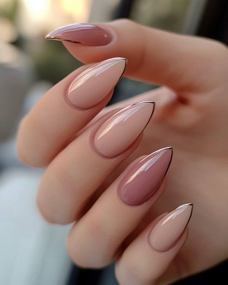 Medium Almond Nude Dusty Rose Taupe Gold Cuticle Line Nails Medium Almond Nude Dusty Rose Taupe Gold Cuticle Line Nails — Classy Basic Nails