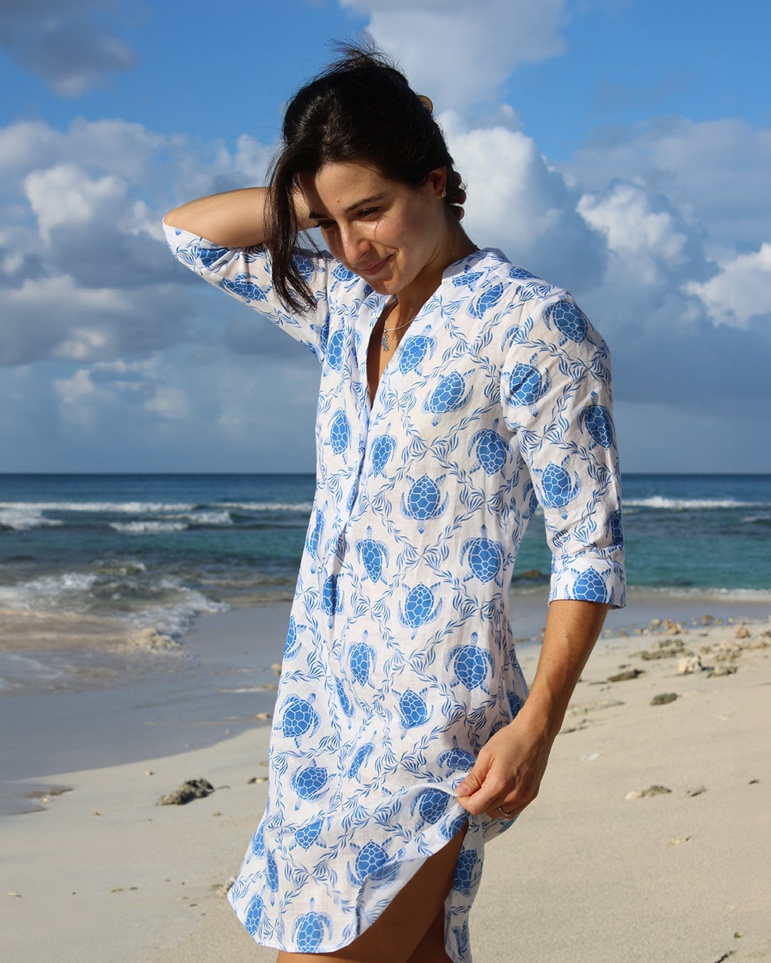 White Tunic Dress with Blue All-Over Print White Tunic Dress with Blue All-Over Print — Classy Beach Waves