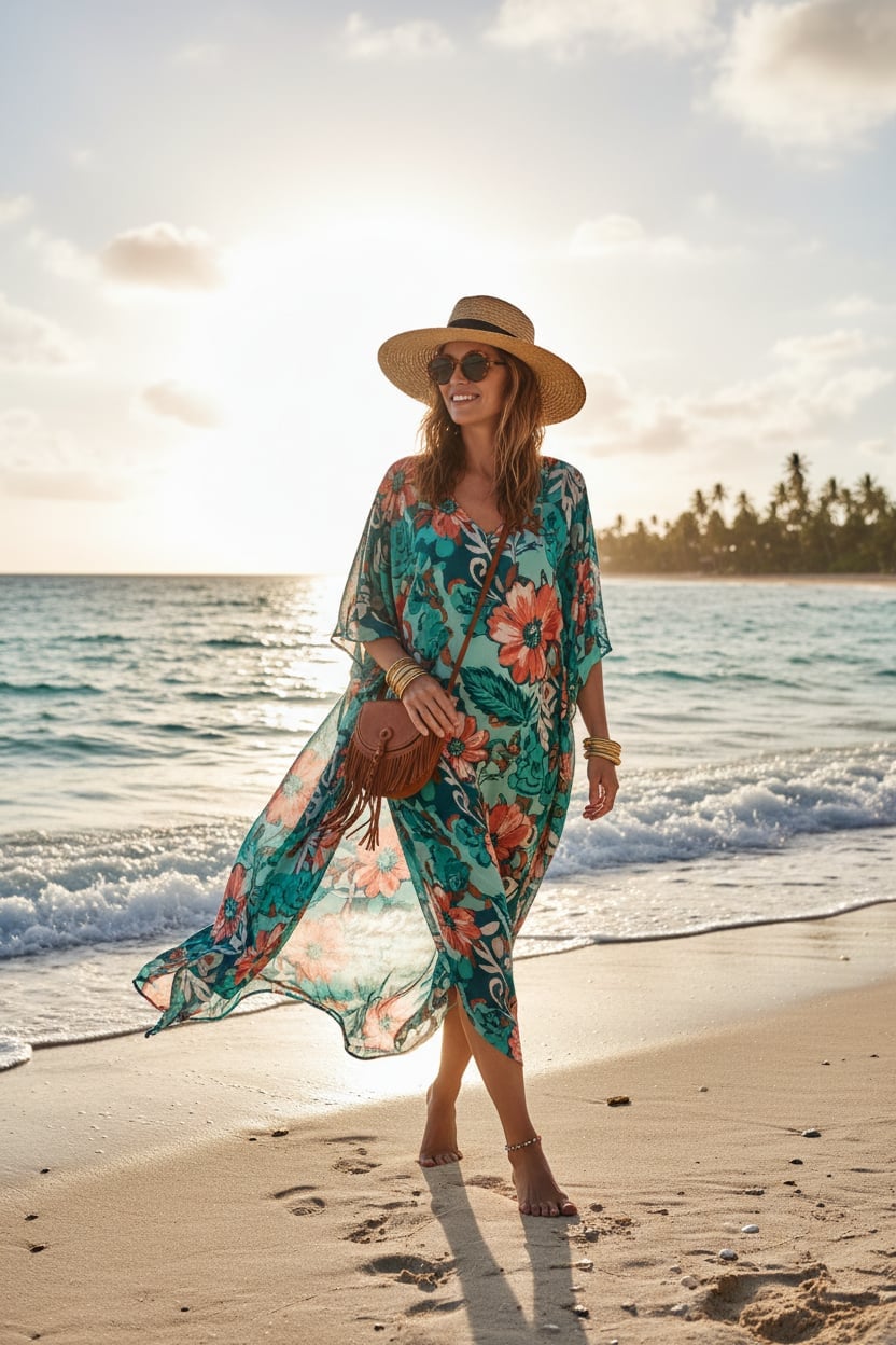 Teal and Coral Floral Kaftan with Fringe Bag Teal and Coral Floral Kaftan with Fringe Bag — Classy Beach Waves