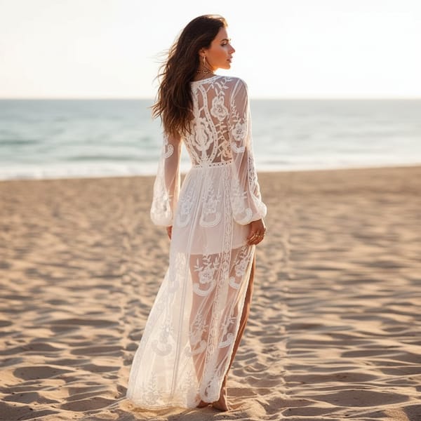 White Lace Maxi Dress with Deep V-neck White Lace Maxi Dress with Deep V-neck — Classy Beach Waves