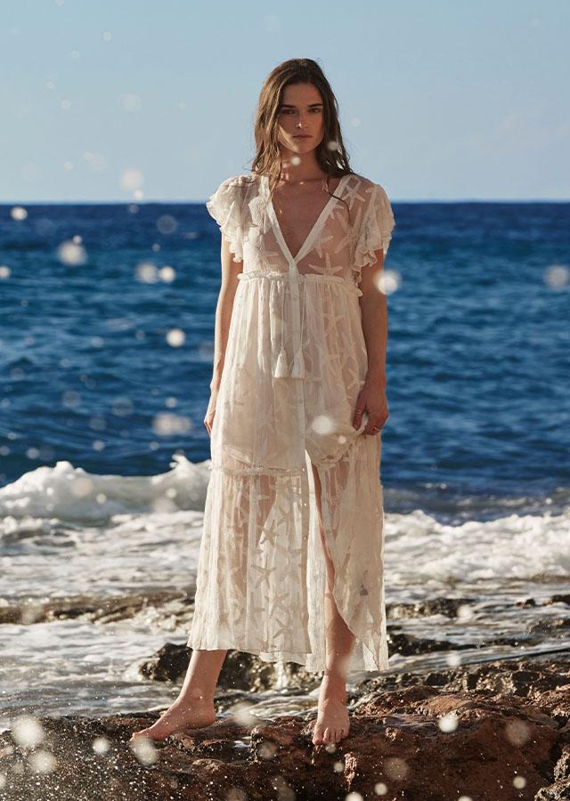 Sheer White Tiered Dress with Patterned Texture Sheer White Tiered Dress with Patterned Texture — Classy Beach Waves