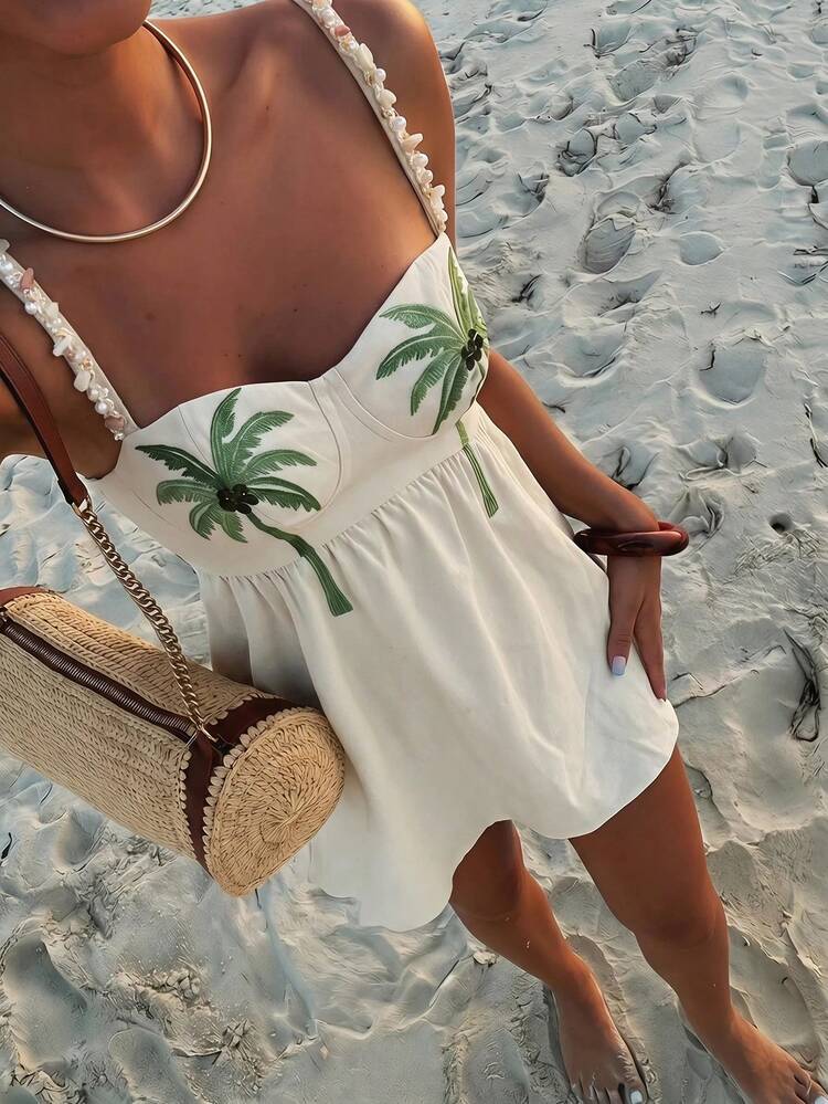 White Linen Mini Dress with Palm Tree Print White Linen Mini Dress with Palm Tree Print — Classy Beach Waves