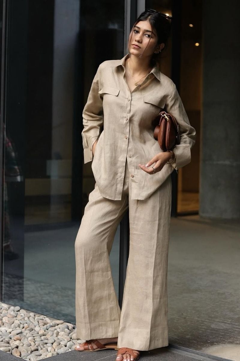 Beige Linen Oversized Shirt and Wide Leg Trousers Set, Close-Up Take — Classy Beige Outfits