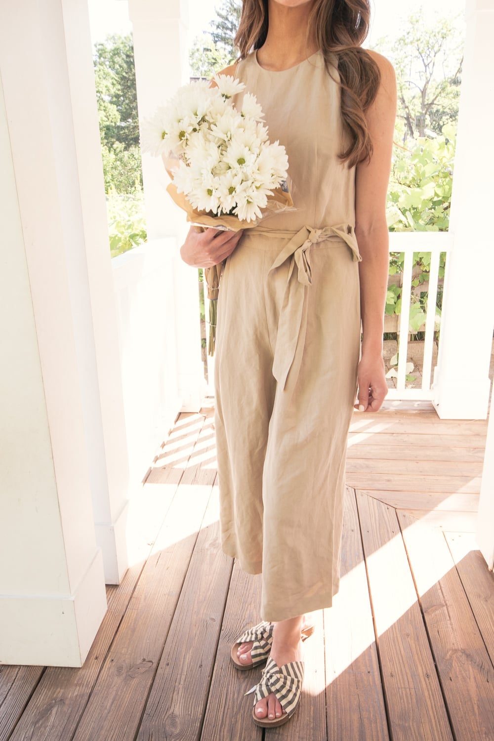 Beige Linen Sleeveless Jumpsuit with Tie Waist, Wide Leg Cropped — Classy Beige Outfits