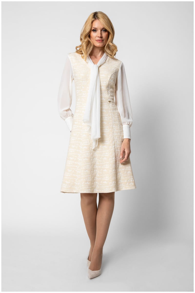 Textured Beige Dress with Sheer Sleeves and Pointed Toe Pumps — Classy Beige Outfits
