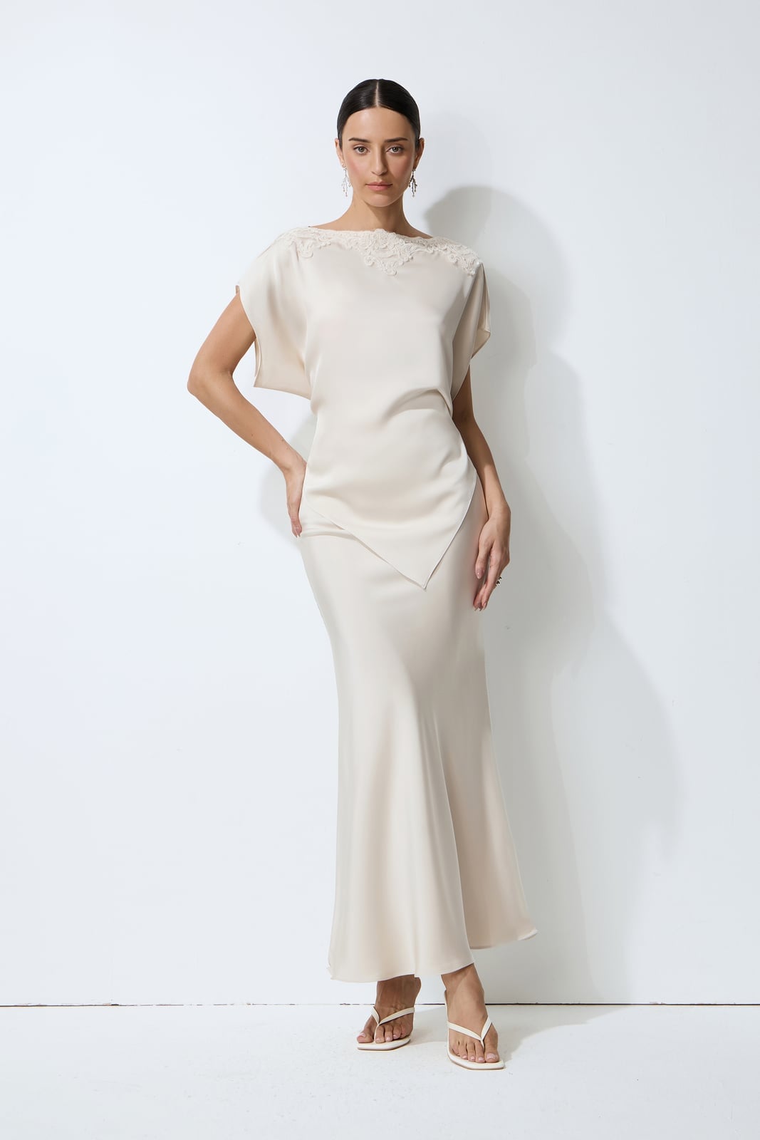 Cream Satin Asymmetric Top and Bias-Cut Skirt — Classy Beige Outfits