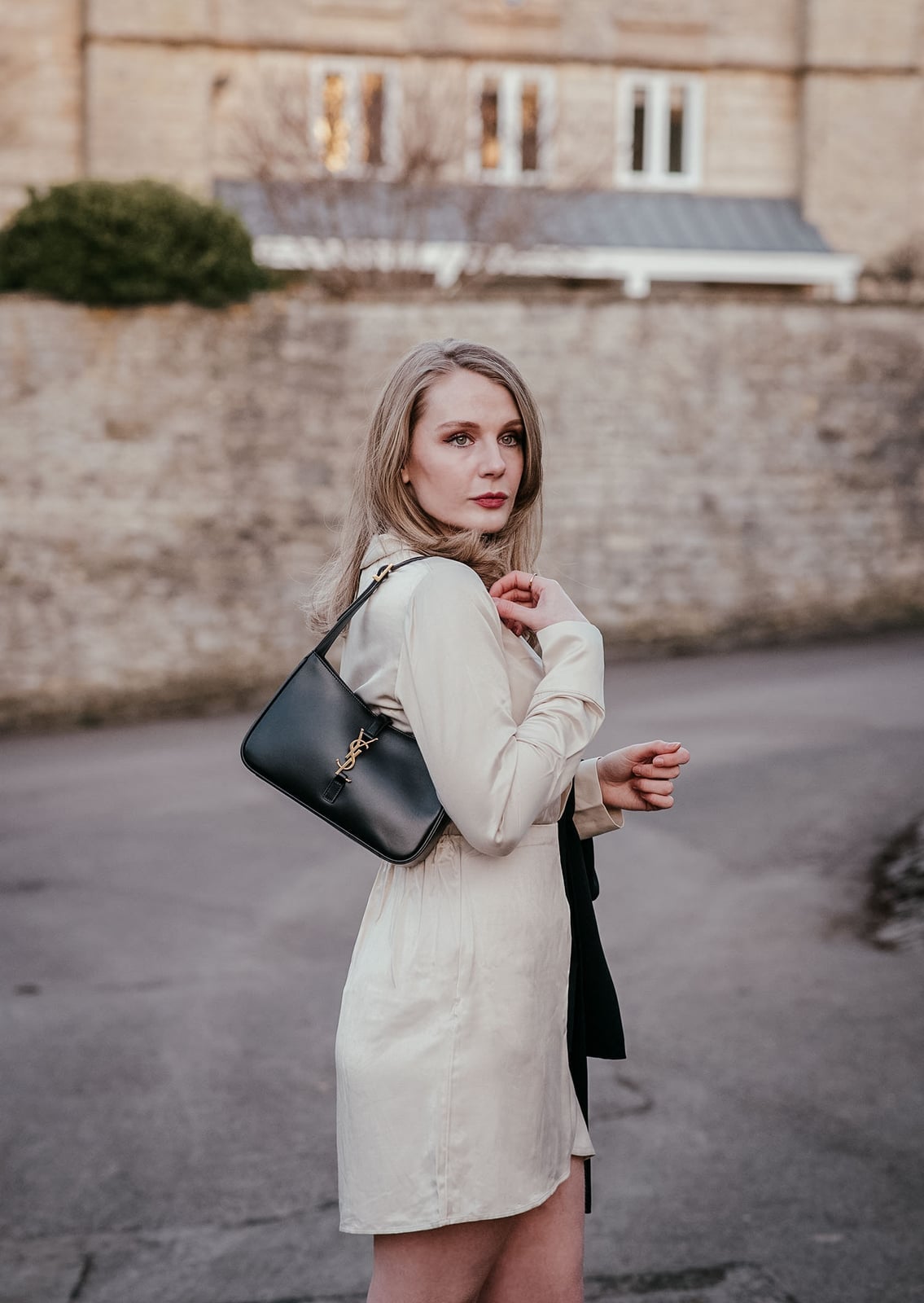 Cream Satin Mini Dress with Black Accents — Classy Beige Outfits