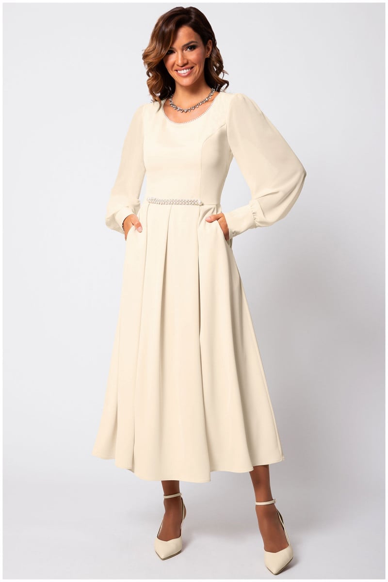 Cream and Beige Midi Dress with Pleated Skirt — Classy Beige Outfits