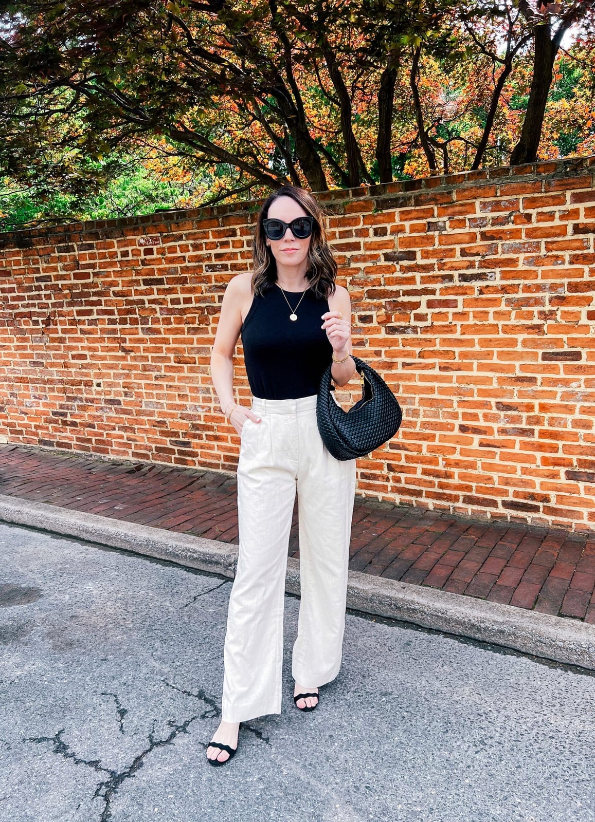 Beige Linen Trousers with Black Sleeveless Top — Classy Beige Outfits