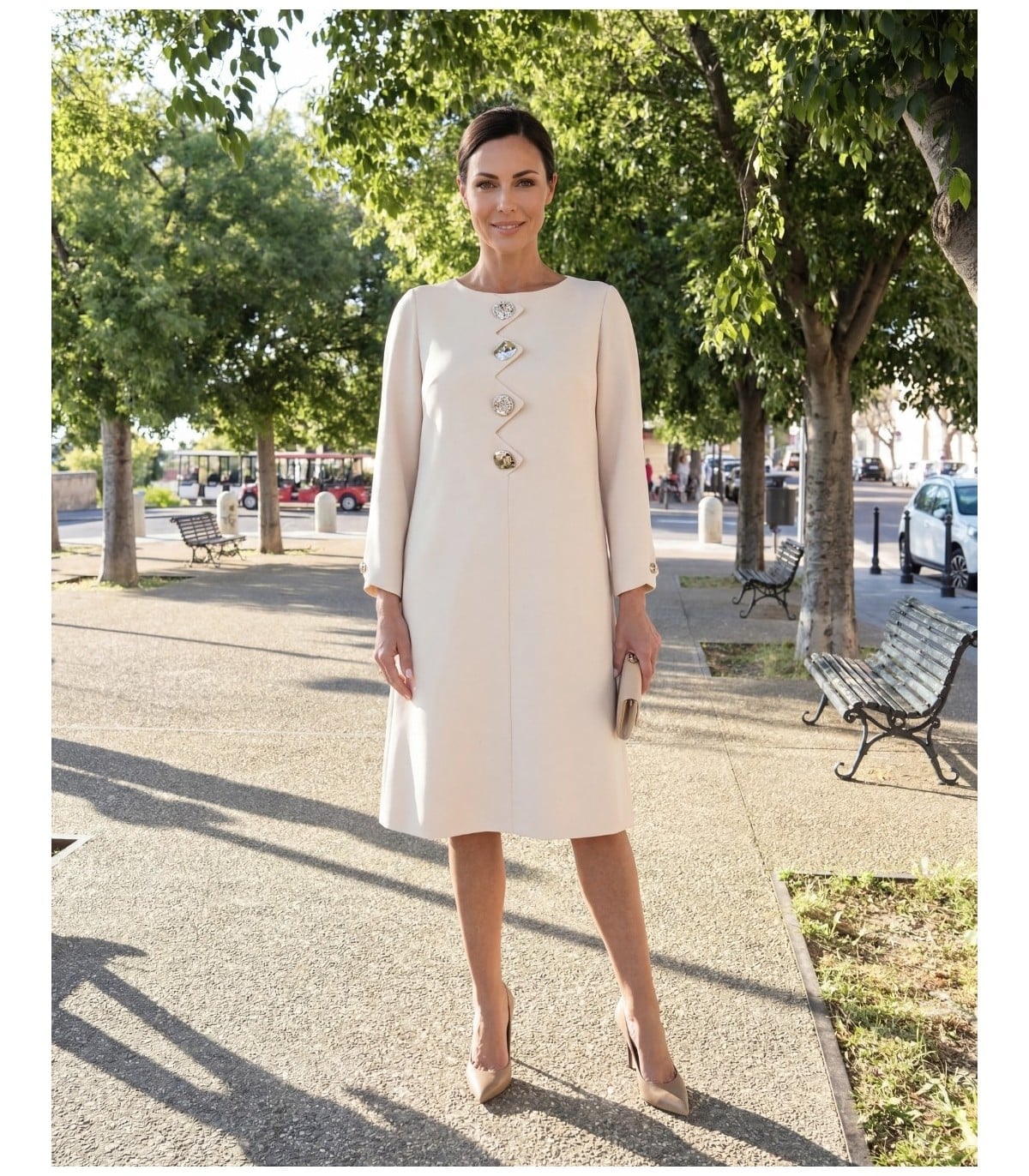 Off-White Long-Sleeved Dress with Embellished Buttons — Classy Beige Outfits