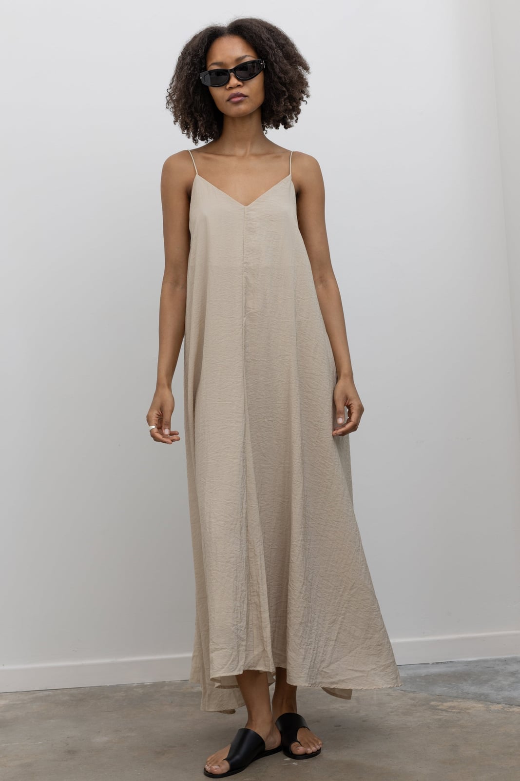 Textured Beige Maxi Dress with Thin Straps — Classy Beige Outfits