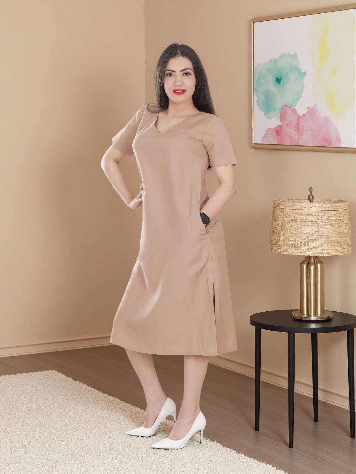 Light Beige Short-Sleeved Midi Dress with V-Neck — Classy Beige Outfits