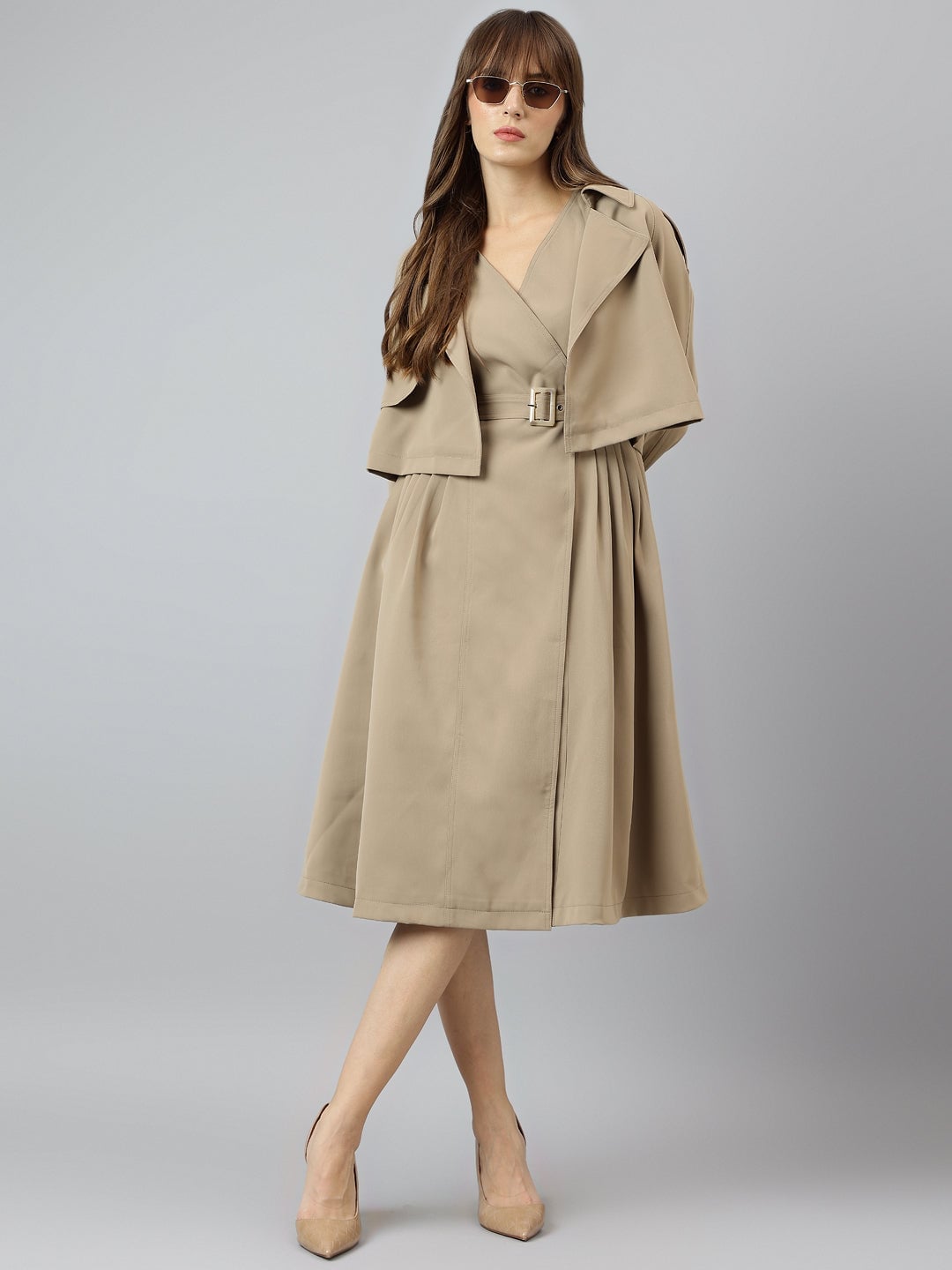 Beige Belted Trench Dress with Fit and Flare Silhouette — Classy Beige Outfits