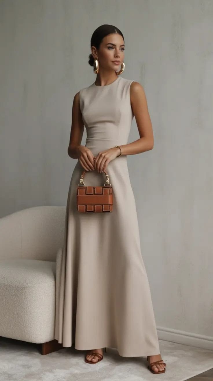 Minimalist Beige A-Line Dress and Sandals — Classy Beige Outfits