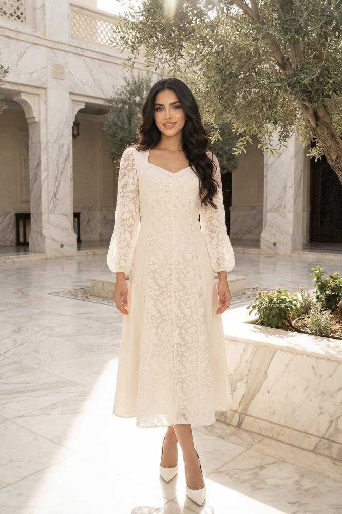 Off-White Lace Dress with Fit and Flare Silhouette — Classy Beige Outfits
