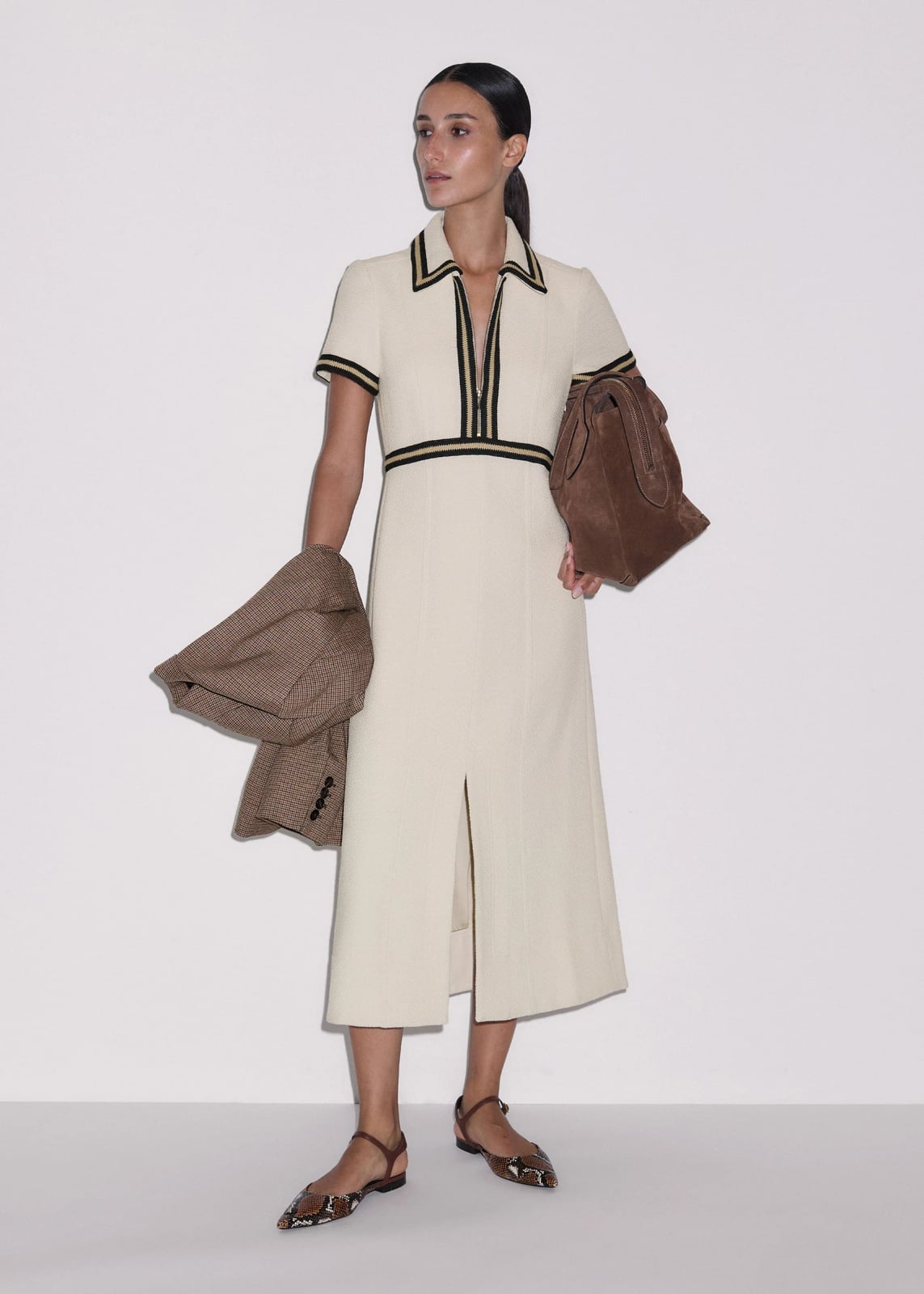 Cream Collared Midi Dress with Tweed Blazer — Classy Beige Outfits