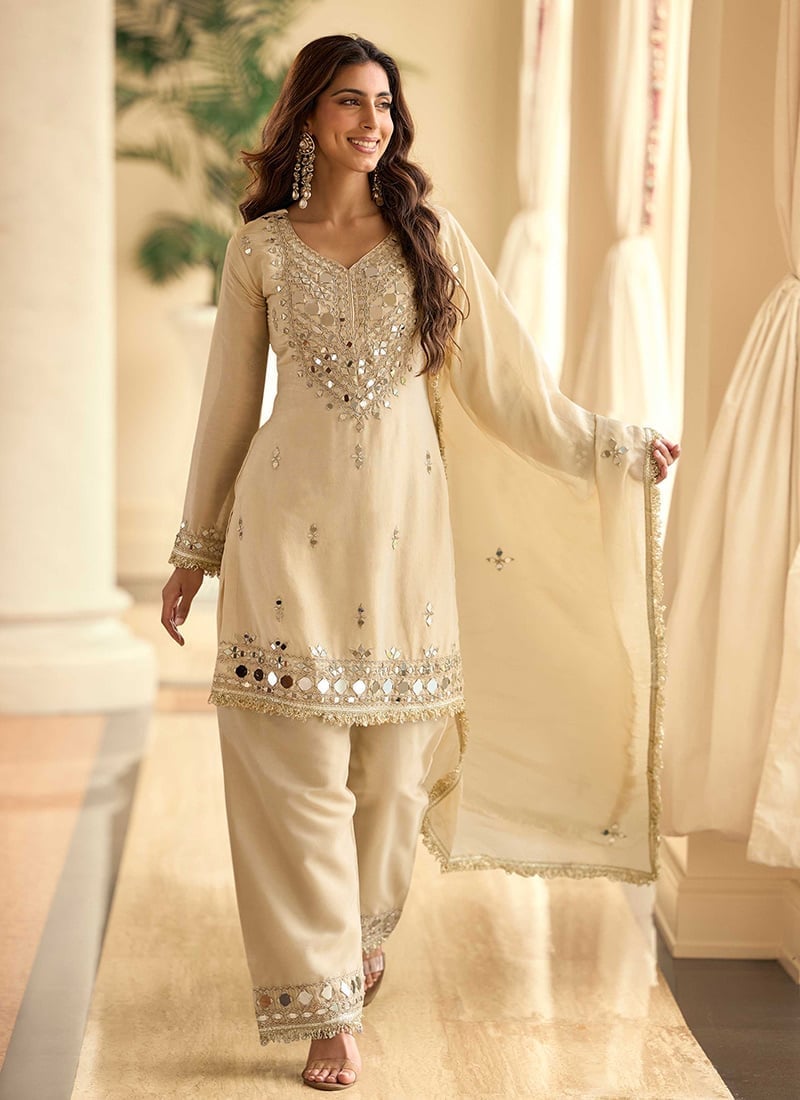 Beige Embroidered Tunic with Mirror Work — Classy Beige Outfits