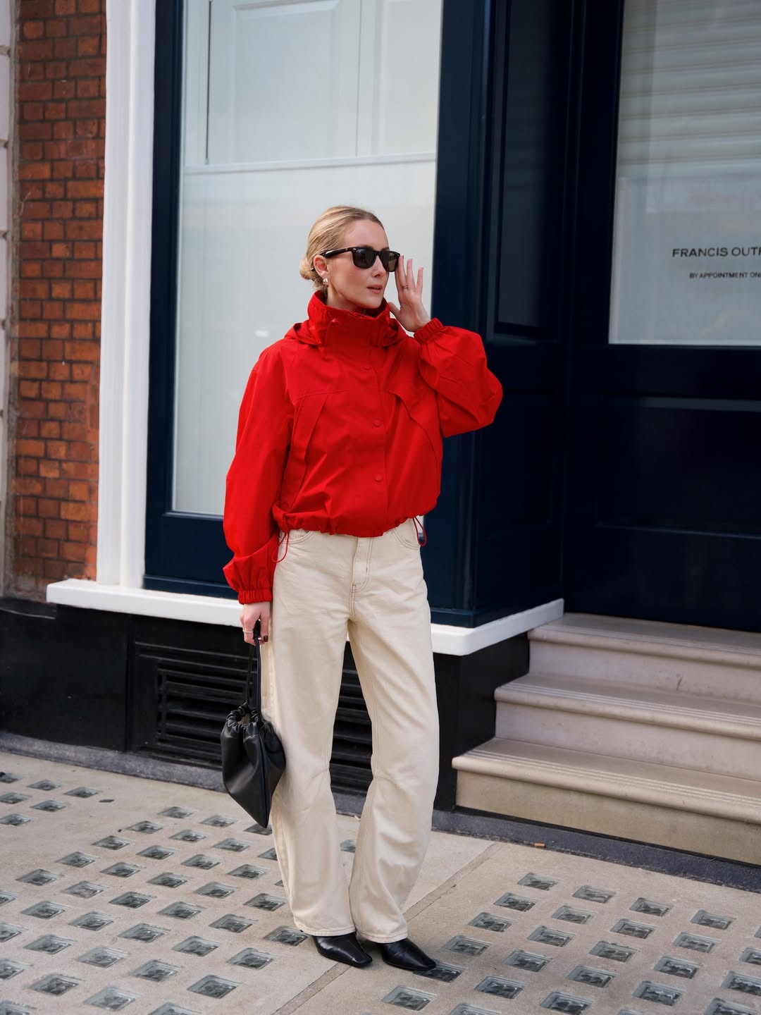Beige Denim Wide Leg Trousers With Red Jacket Beige Denim Wide Leg Trousers With Red Jacket — Classy Beige Pants Outfits