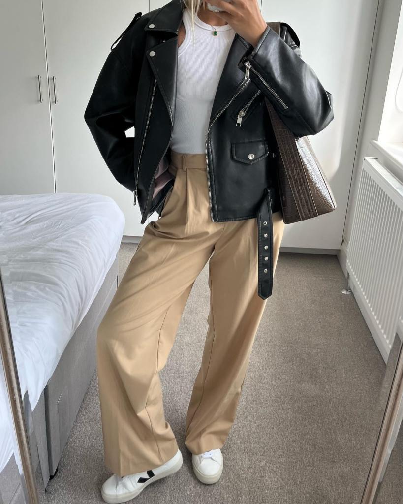 Beige Wide Leg Trousers With Leather Jacket Beige Wide Leg Trousers With Leather Jacket — Classy Beige Pants Outfits