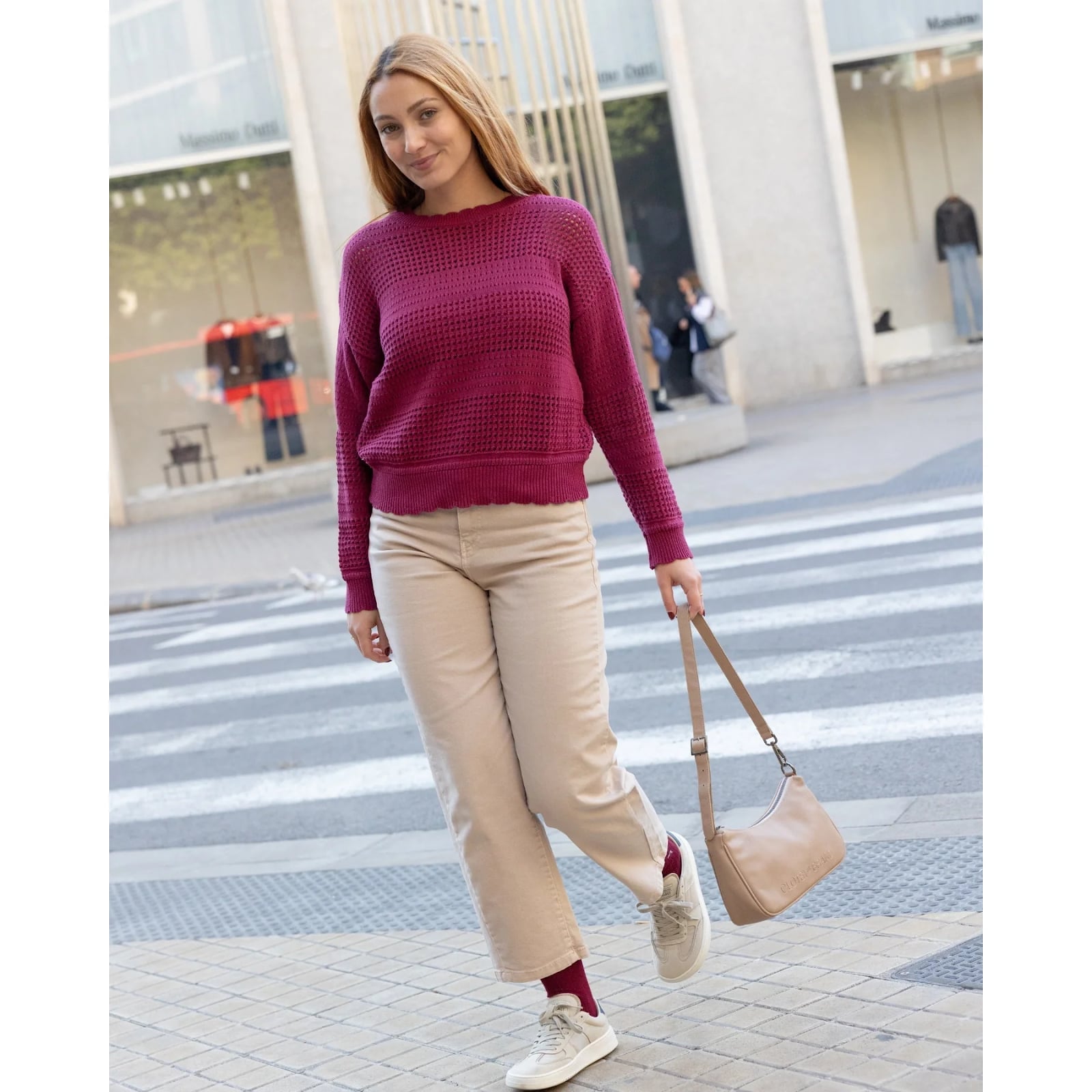 Beige Straight Leg Trousers With Burgundy Sweater and Tan Shoulder Bag Beige Straight Leg Trousers With Burgundy Sweater and Tan Shoulder Bag — Classy Beige Pants Outfits