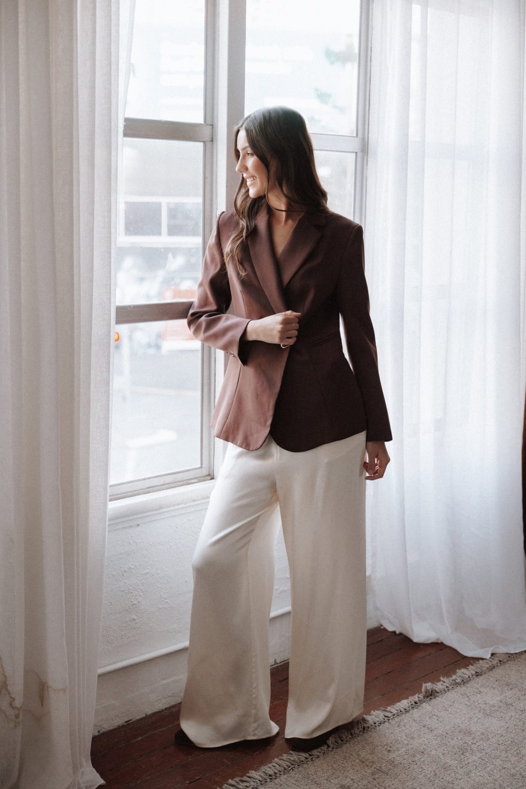 Cream Satin Wide Leg Pants With Brown Blazer Cream Satin Wide Leg Pants With Brown Blazer — Classy Beige Pants Outfits
