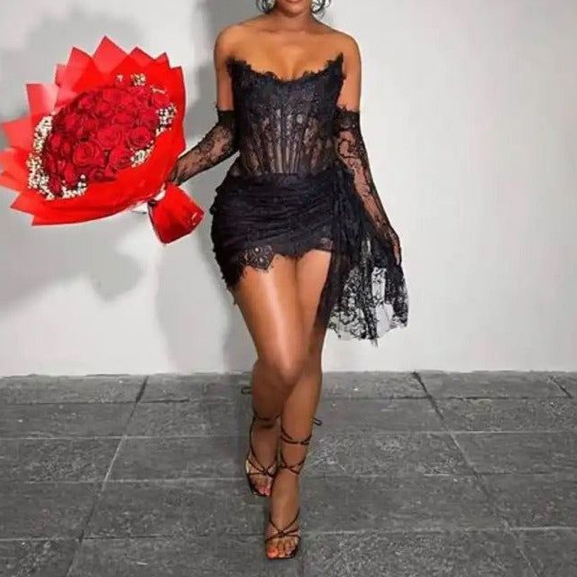 Lace Corset Mini Dress with Gloves Lace Corset Mini Dress with Gloves — Classy Birthday Outfits Black Women
