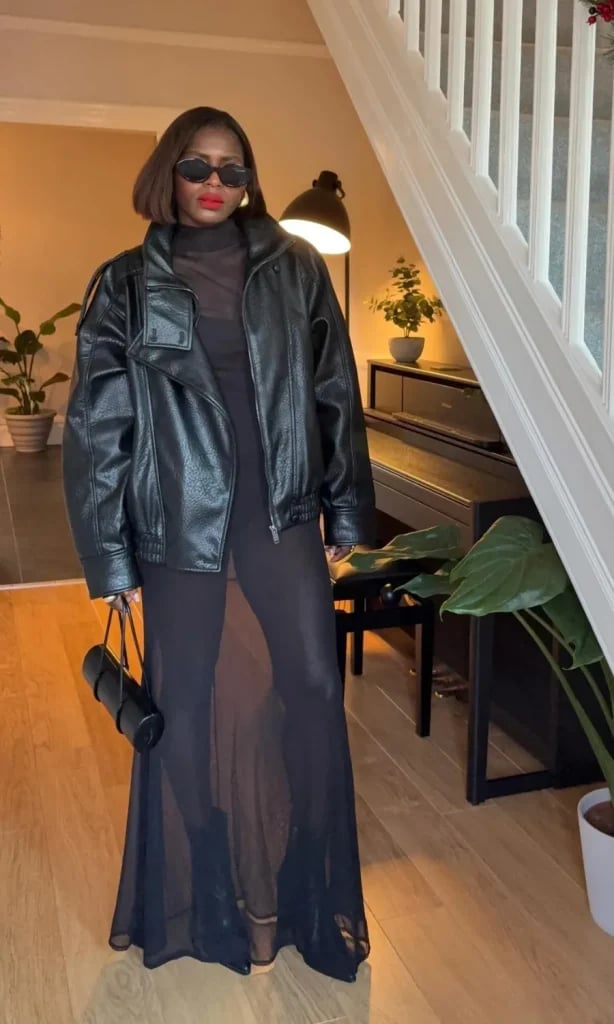 Sheer Maxi Dress with Oversized Leather Jacket Sheer Maxi Dress with Oversized Leather Jacket — Classy Birthday Outfits Black Women